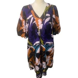 For Cynthia Linen Blend Puff Sleeve Bold Print V-neck Shirt Dress Size L